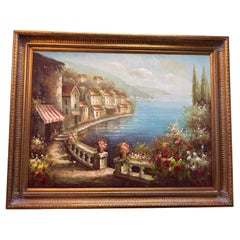 Quadro originale vintage di una città europea sul mare
