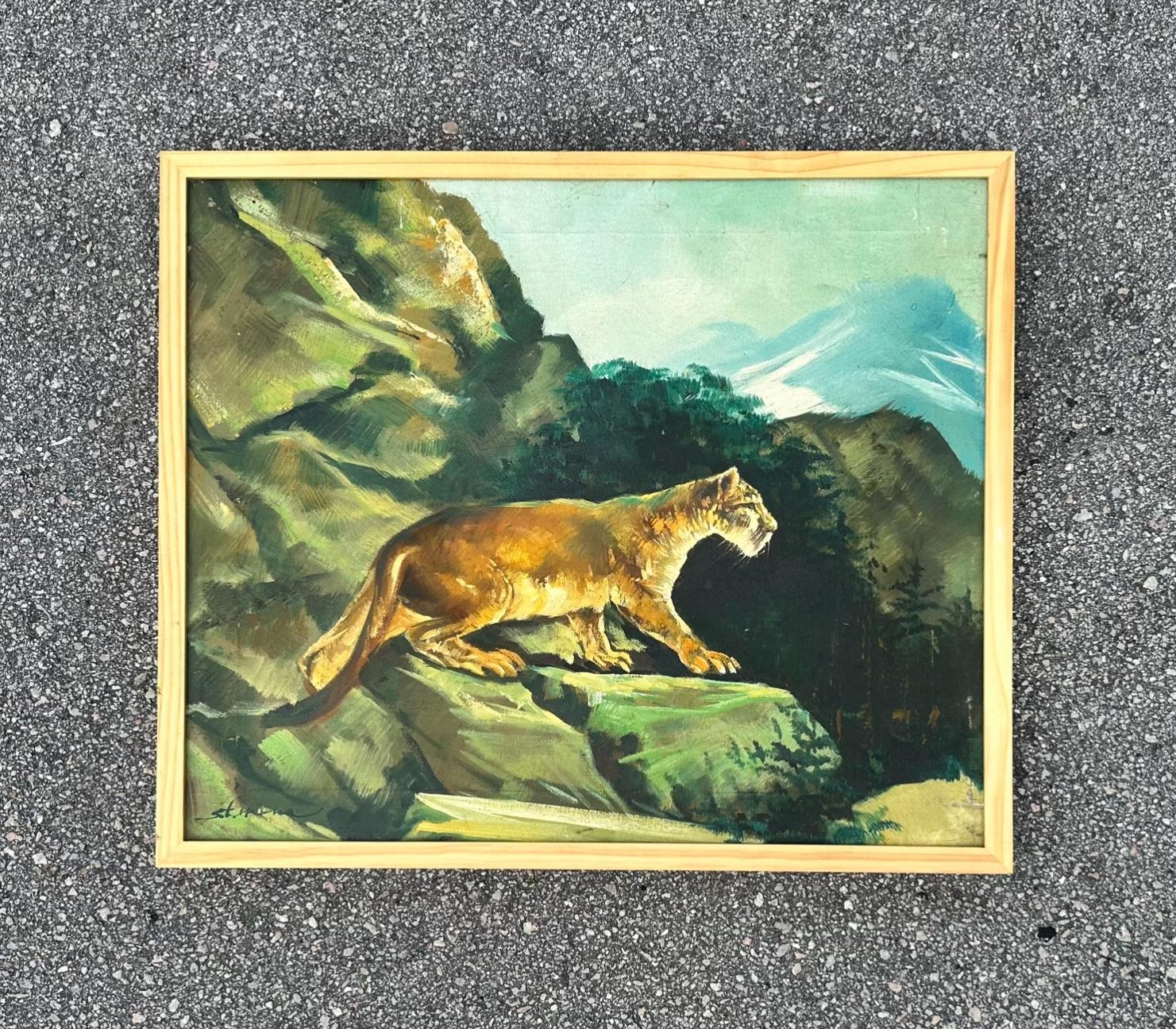 Vintage Original Painting of Lion In Good Condition For Sale In west palm beach, FL
