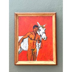 Vintage Original Painting of Male Nude on Board