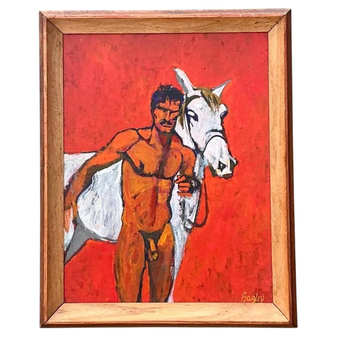Dipinto originale d'epoca raffigurante un nudo maschile su tavola