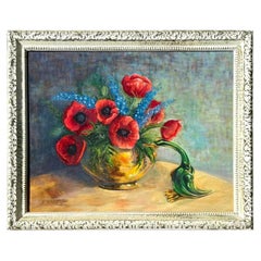 Vintage Original Painting of Poppies on Canvas