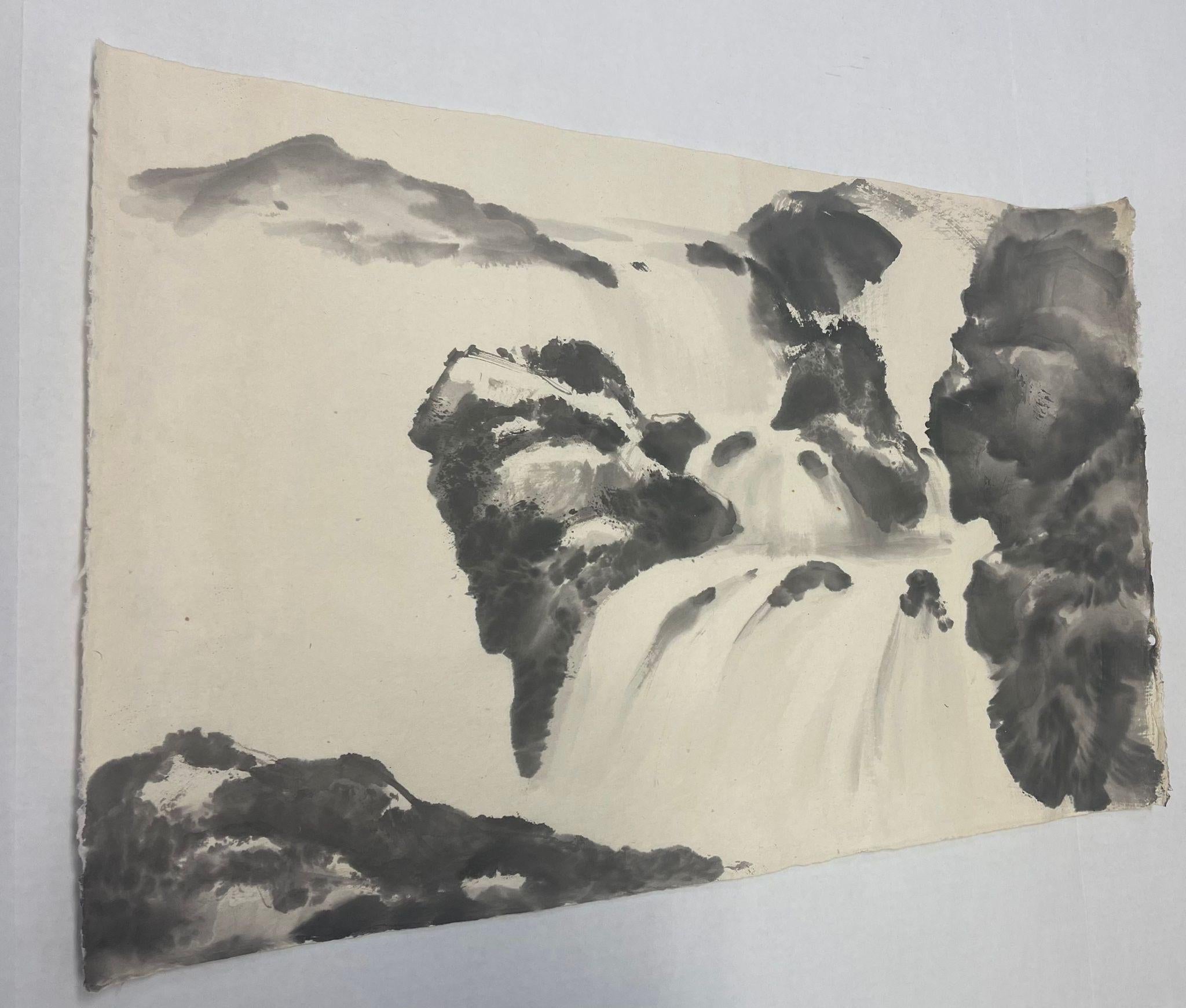 Paper Vintage Original Painting of Waterfall Landscape