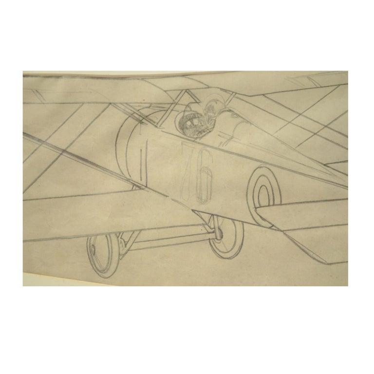 Vintage Original Pencil Aviation Drawing Depicting a Hanriot HD 1 WWI Aircraft In Excellent Condition In Milan, IT