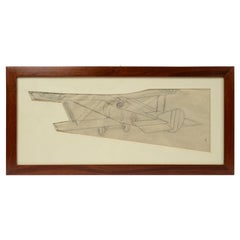 Disegno originale a matita dell'aviazione d'epoca raffigurante un aereo Hanriot HD 1 della prima guerra mondiale