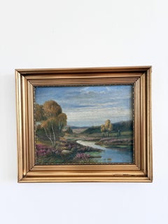 Vintage Original Flusslandschaft Ölgemälde, signiert Landleben Kunst
