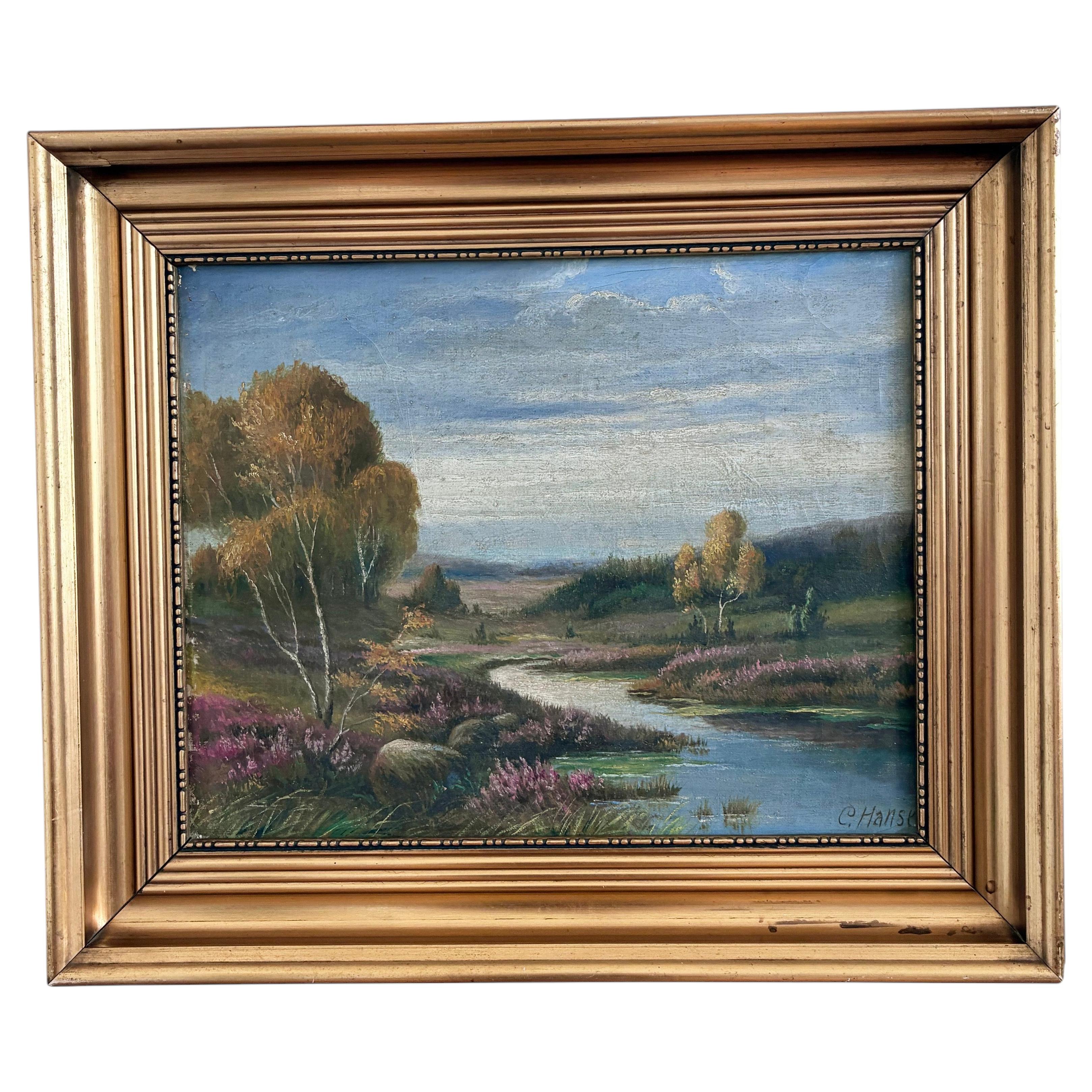 Vintage Original Flusslandschaft Ölgemälde, signiert Landleben Kunst