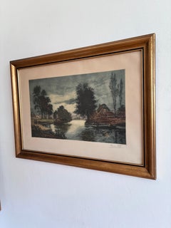 Lámina vintage original de una casita junto al río, obra de arte paisajística firmada, década de los 70