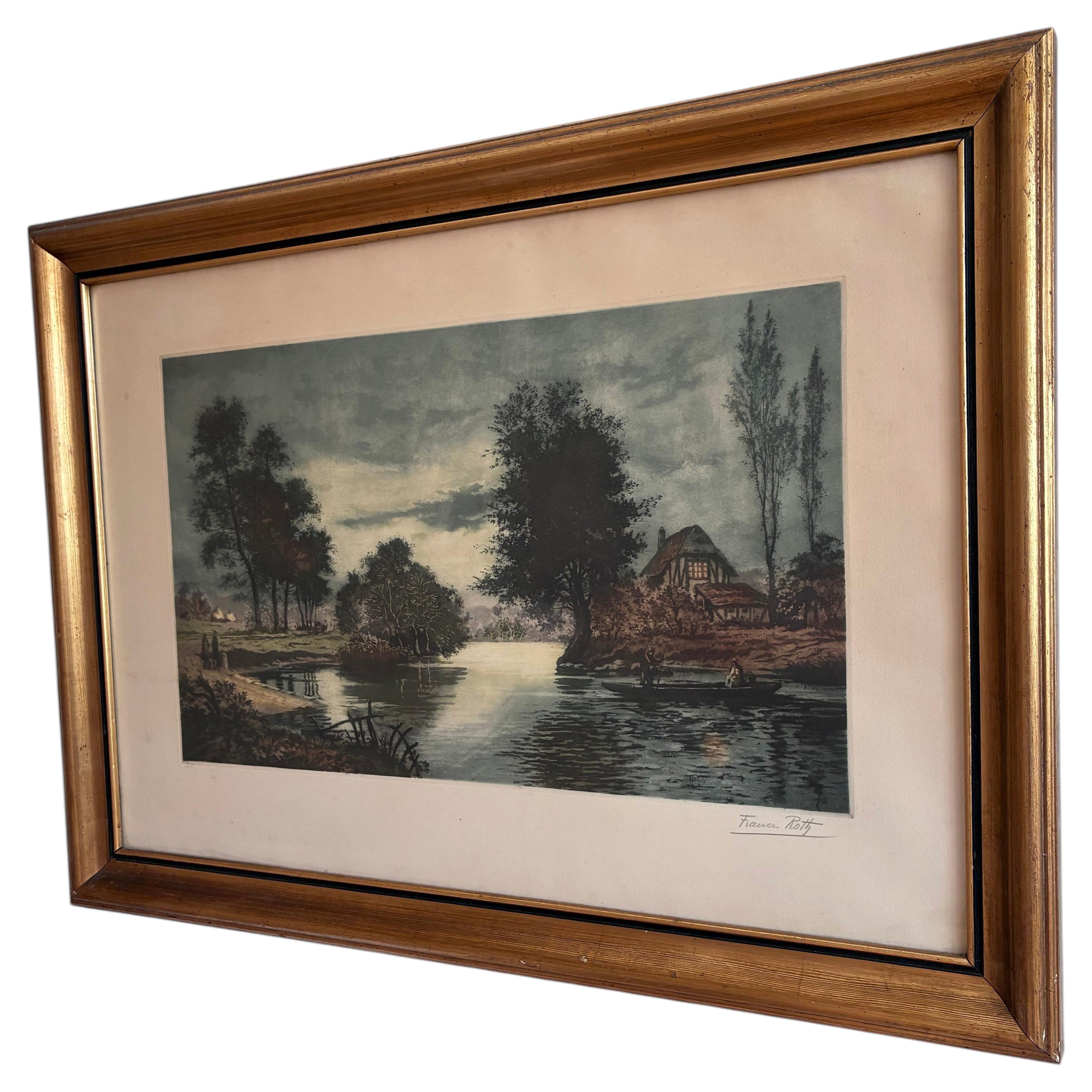 Vintage Original Riverside Cottage Print, Signed Landscape Art, 1970s