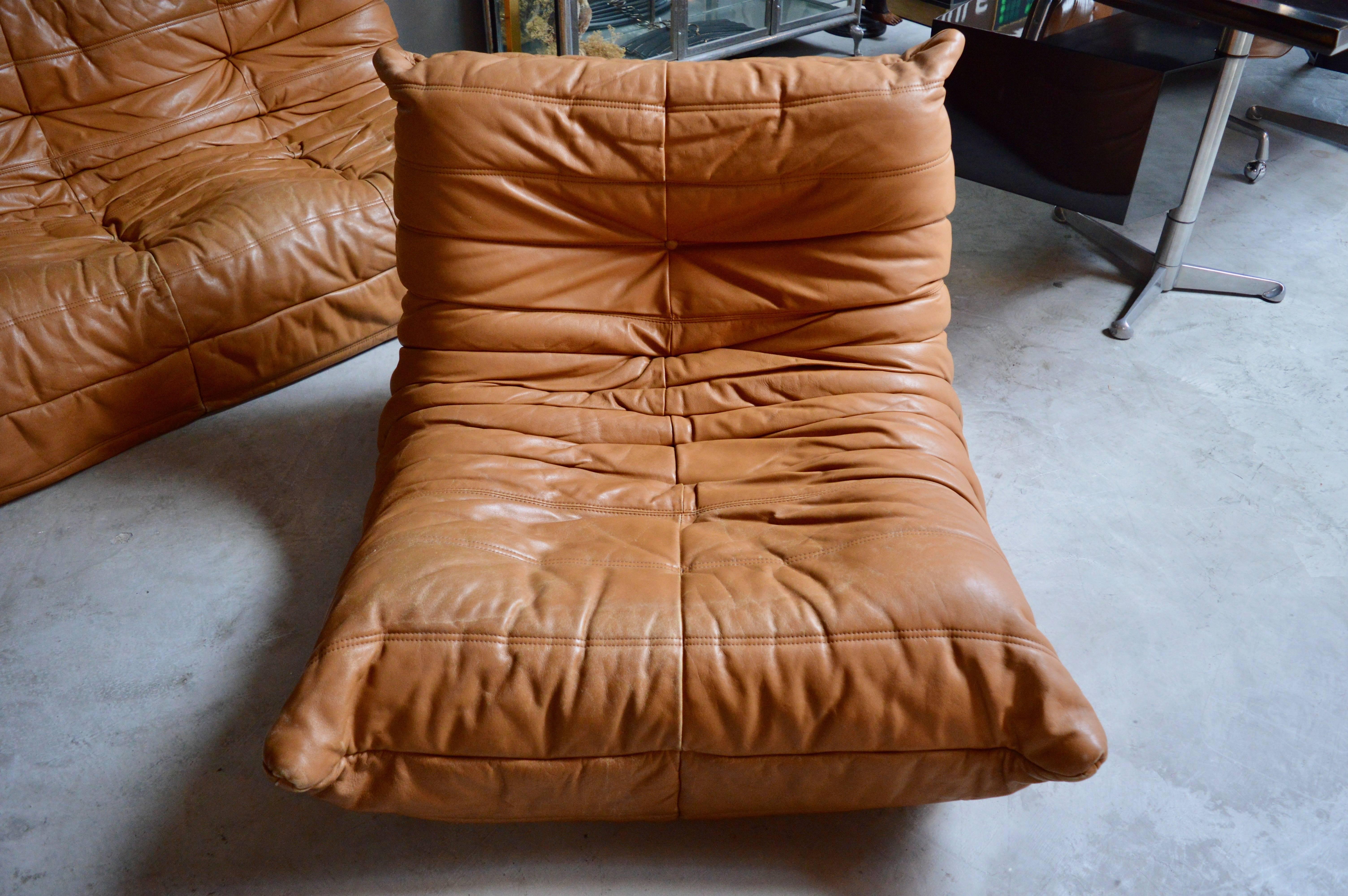 Français Vintage Original Saddle Leather Ligne Roset Togo Sofa and Fireside Chair