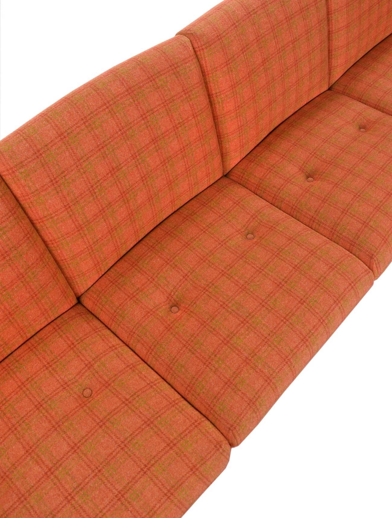 Mid-Century Modern Original Midcentury Bent Teak Plaid Wool Fabric Danish Modern Sofa Couch