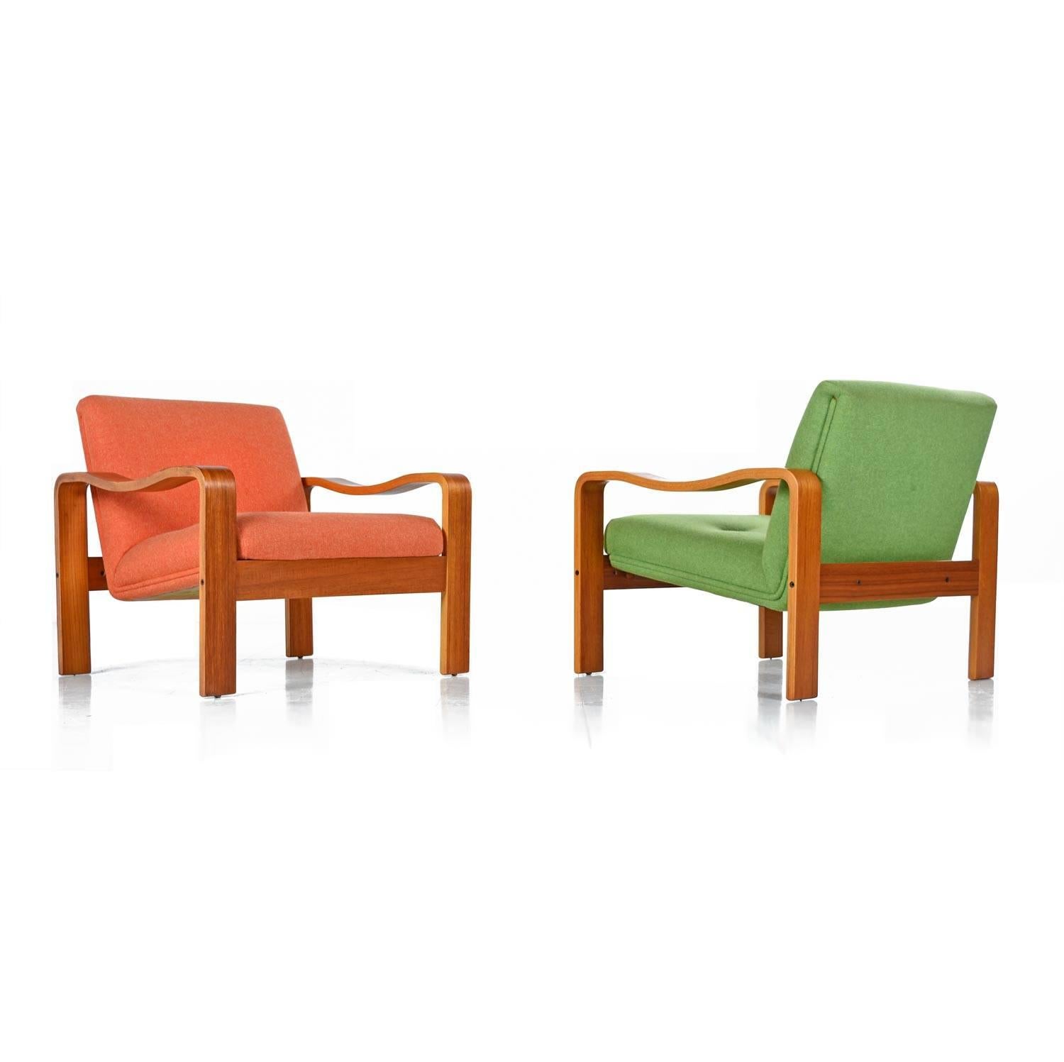 Scandinavian Modern Vintage Original Scandinavian Bent Teak Wool Upholstered Lounge Chairs, 1970s