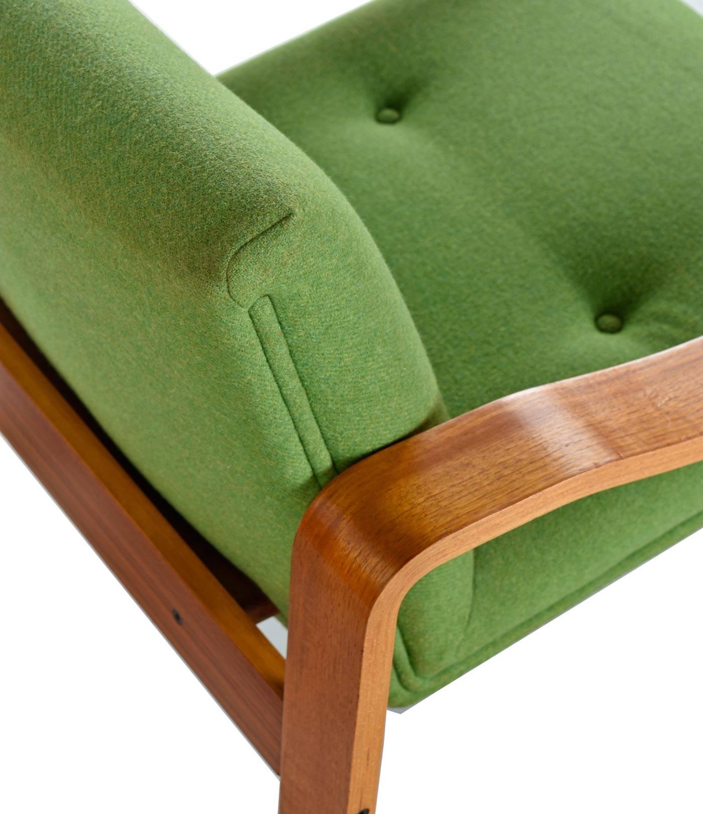 Danish Vintage Original Scandinavian Bent Teak Wool Upholstered Lounge Chairs, 1970s