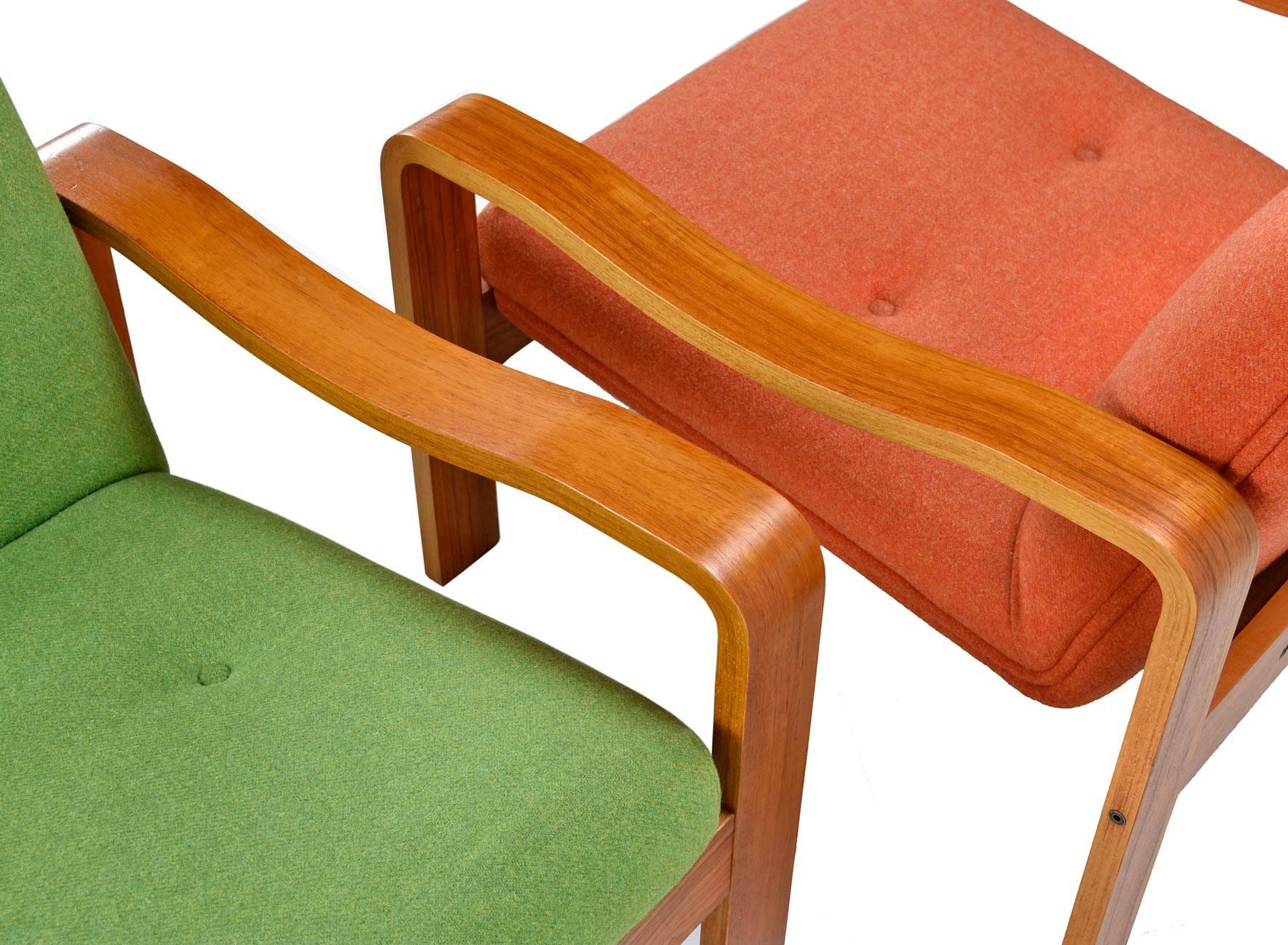 Vintage Original Scandinavian Bent Teak Wool Upholstered Lounge Chairs, 1970s In Excellent Condition In Chattanooga, TN