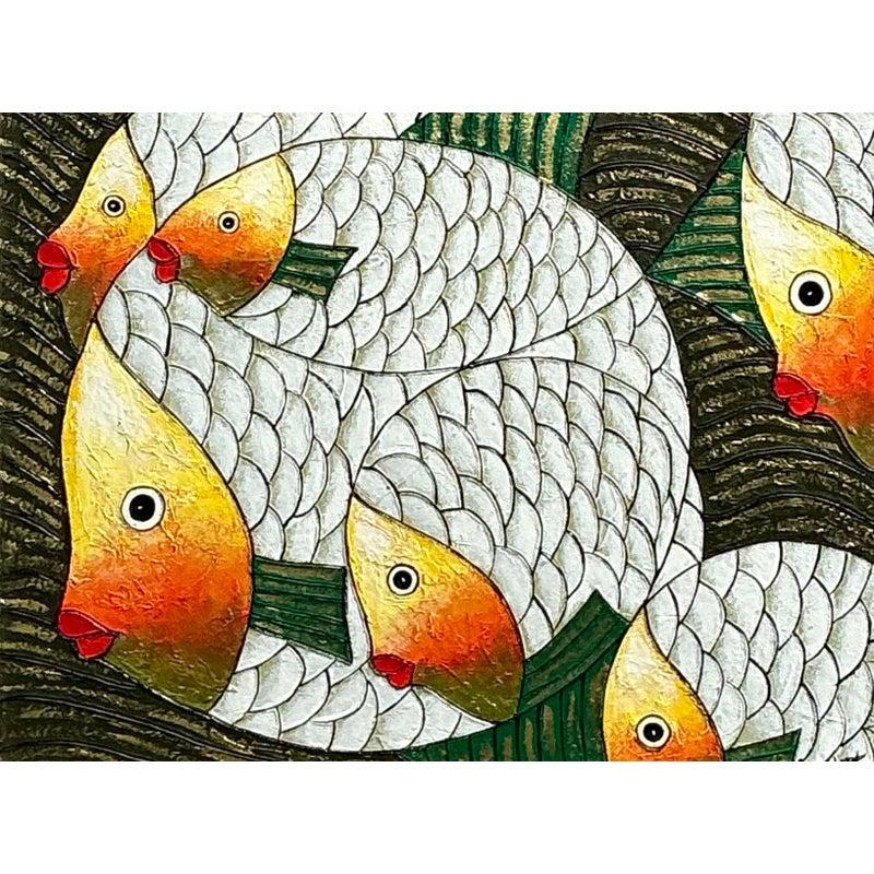 Vintage Original School of Fish Oil Painting on Canvas For Sale at 1stDibs