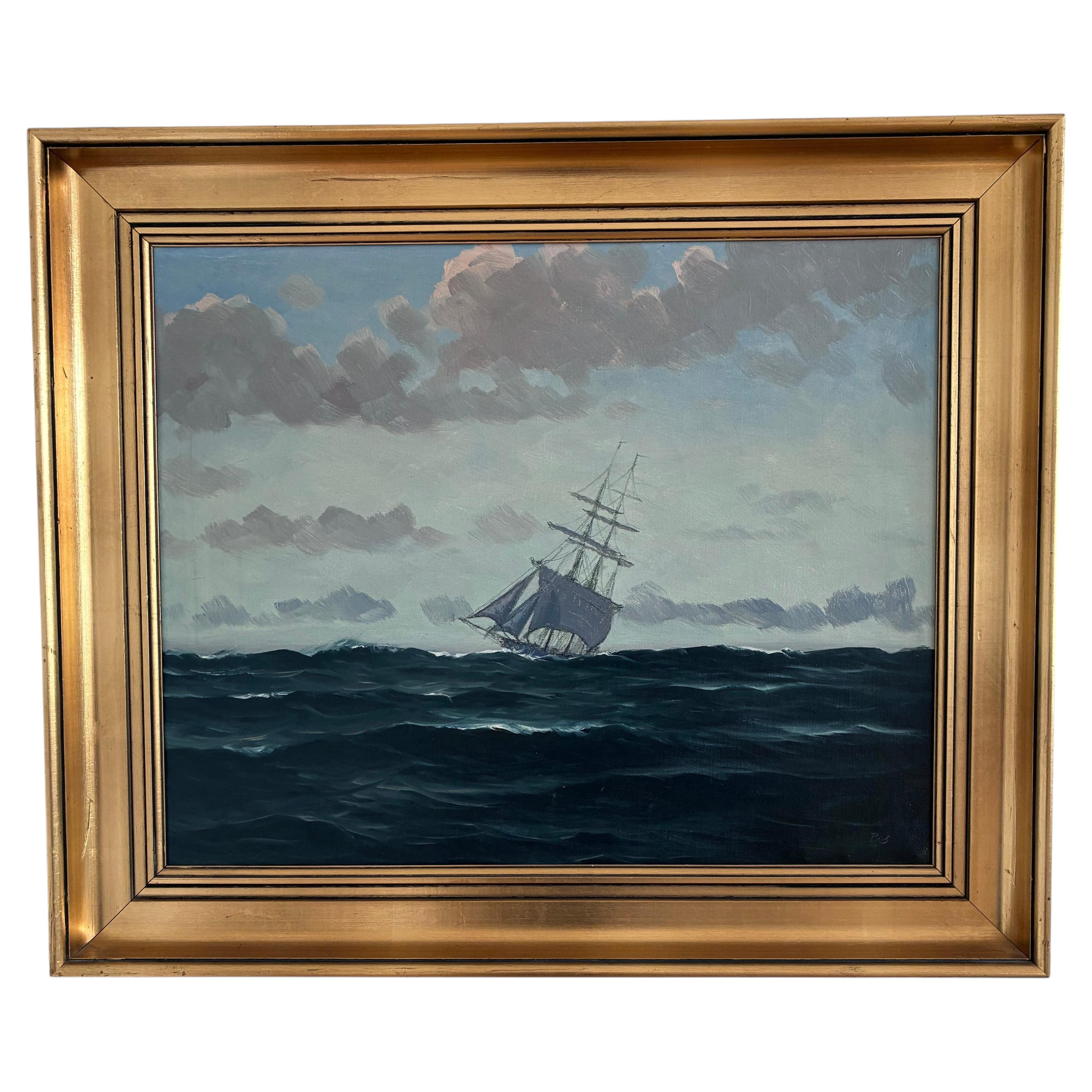 Vintage Original Seascape Oil Painting, Signed Sailing Ship Art