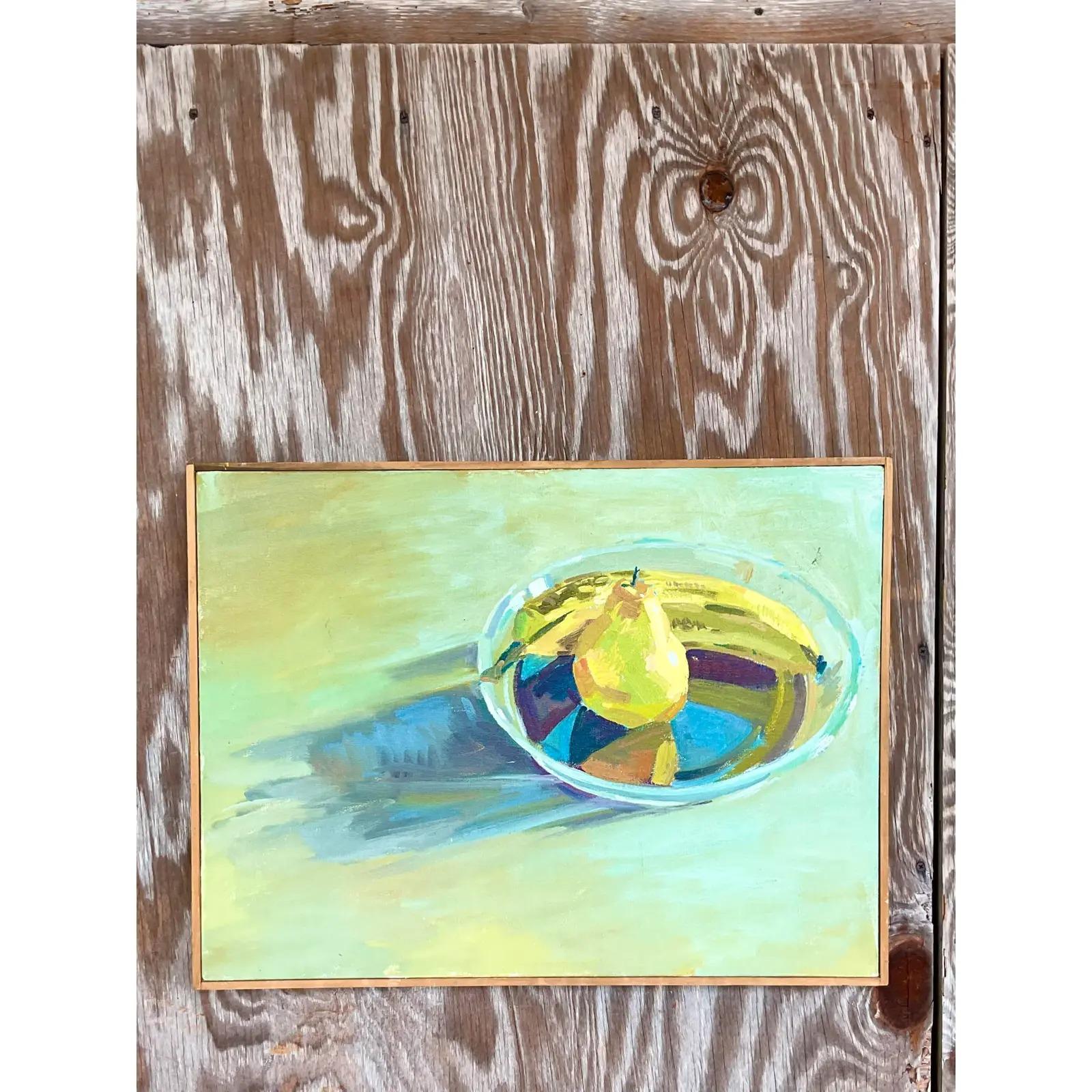 Peinture à l'huile abstraite vintage originale et signée représentant des fruits 2