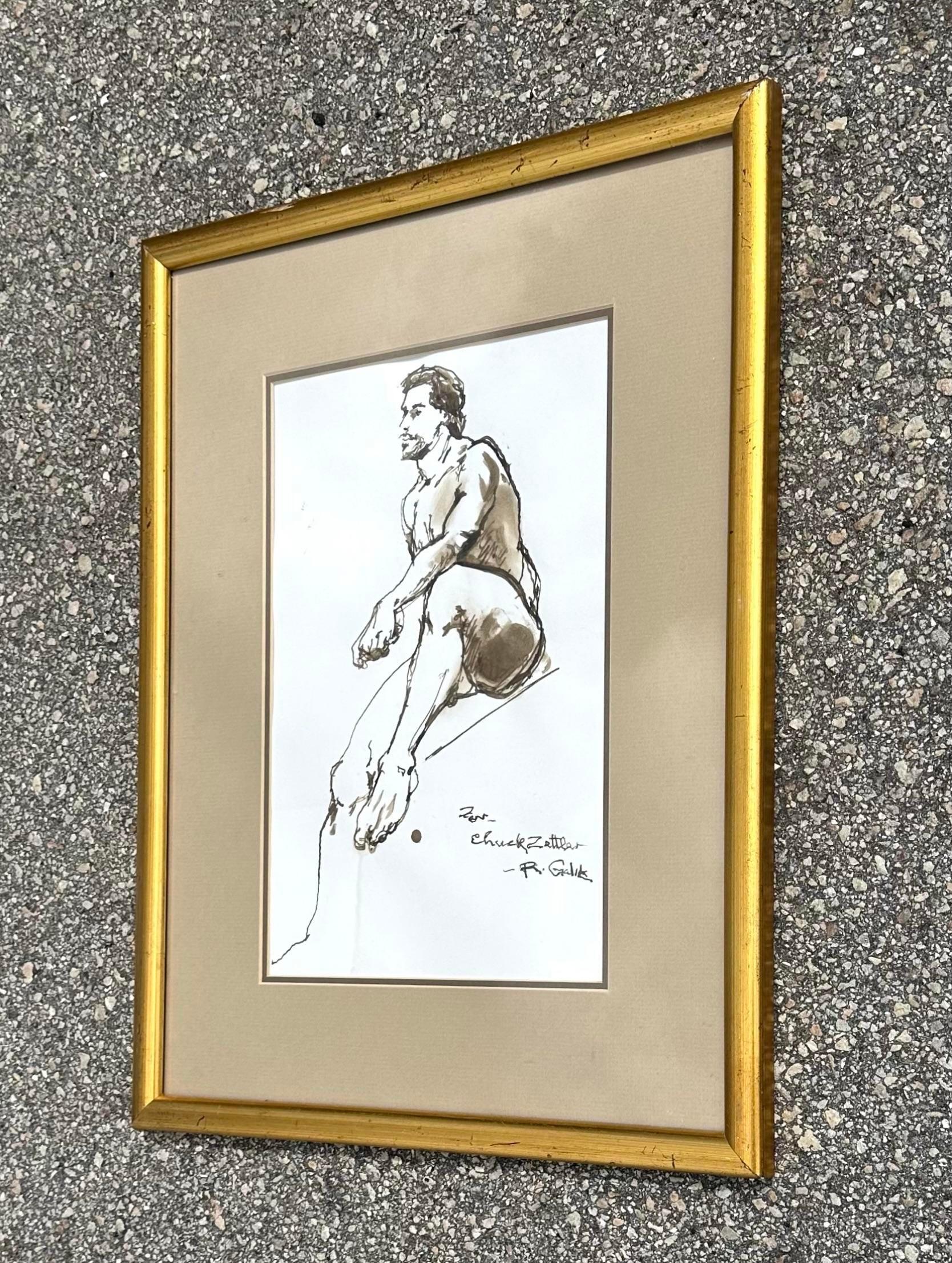 Ce superbe dessin représente un homme assis, le bras appuyé sur le genou. L'artiste utilise une technique d'esquisse pour tracer les contours de la silhouette de l'homme et une technique d'ombrage pour représenter les reflets de la lumière et les