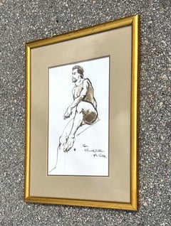 Vintage Original Signed Figure Ink Drawing on Paper