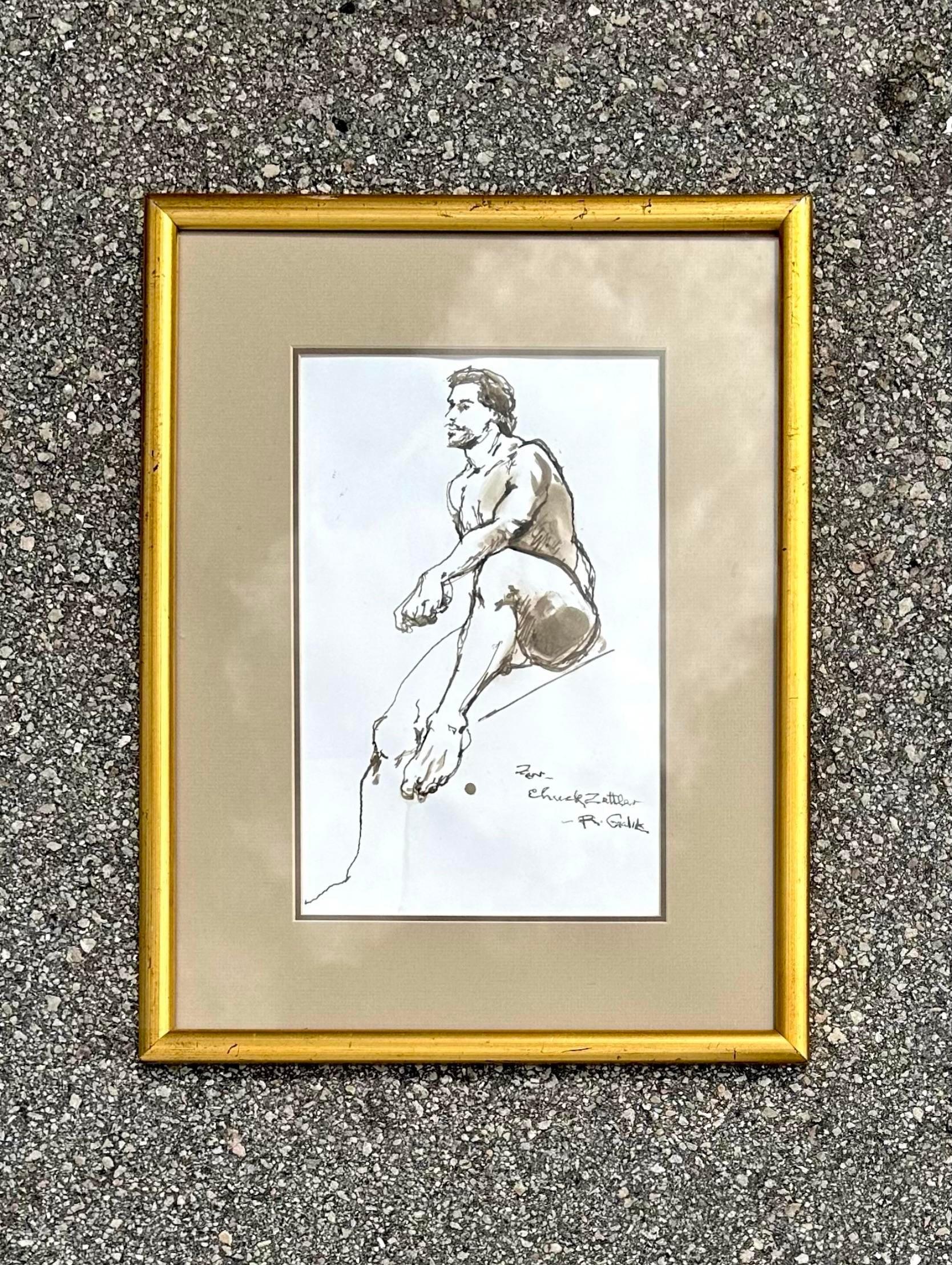 Dessin original d'une figure à l'encre sur papier, signé Bon état - En vente à West Palm Beach, FL