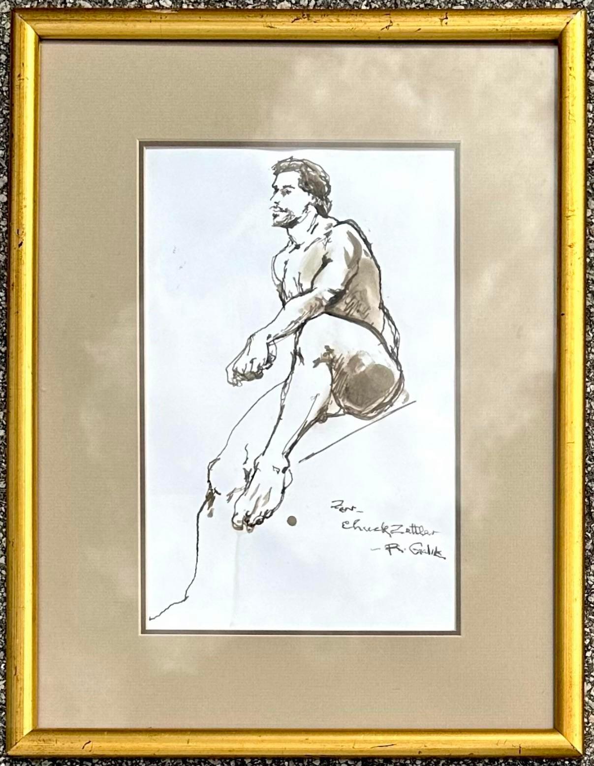 Verre Dessin original d'une figure à l'encre sur papier, signé en vente