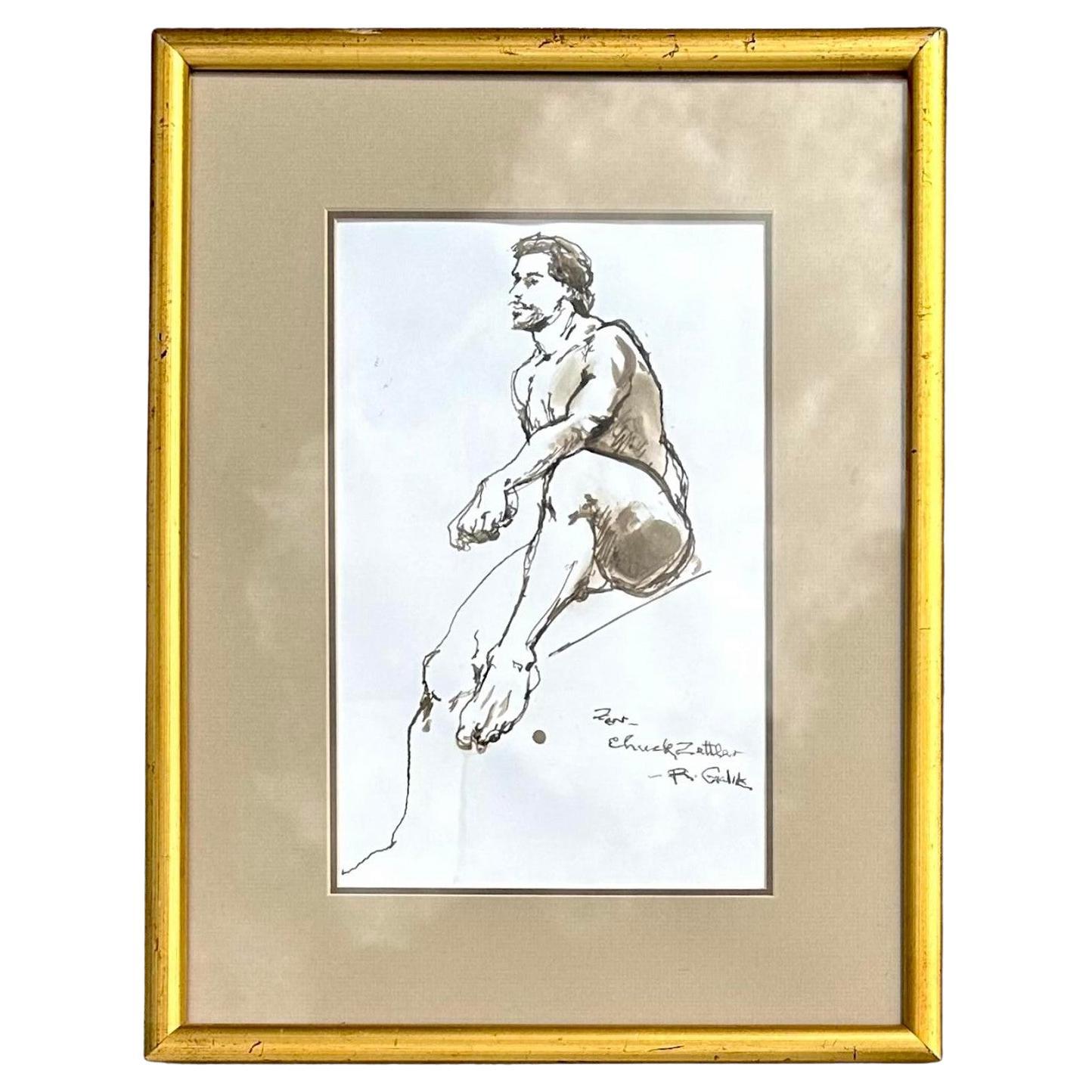 Figura original vintage firmada Dibujo a tinta sobre papel