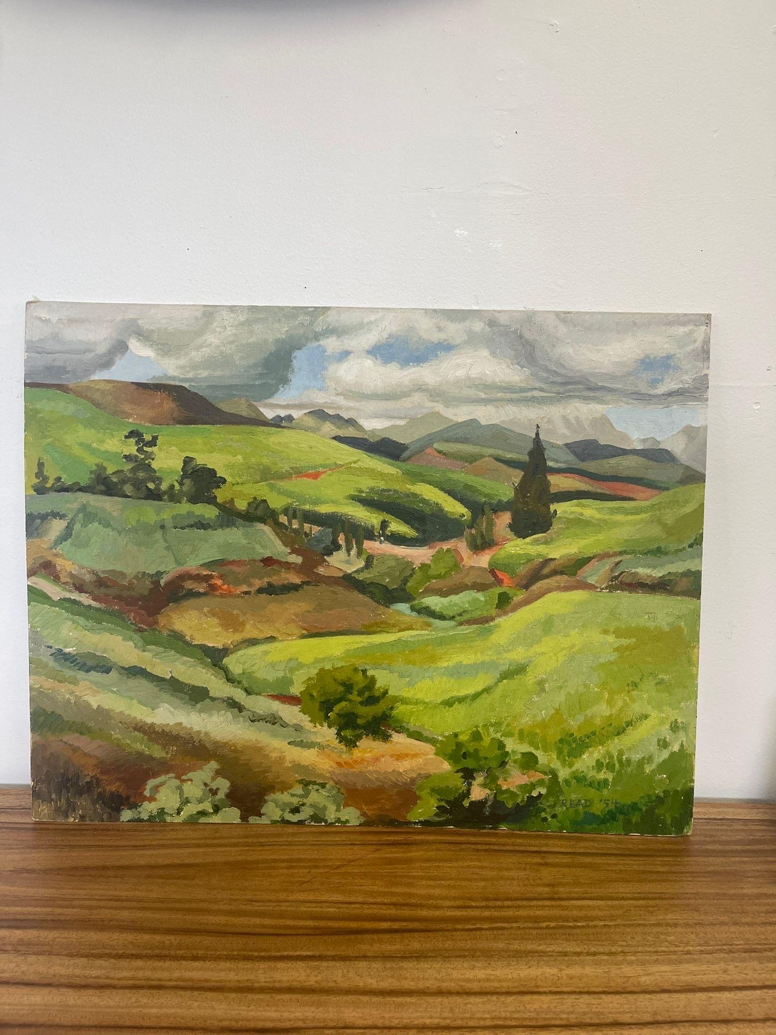 Landscape painting of rolling green fields. Possibly acrylic paint. Signed and dated in the lower corner, 1954. Vintage Condition Consistent with Age as Pictured.

Dimensions. 30 W ; 1/4 D ; 28 H