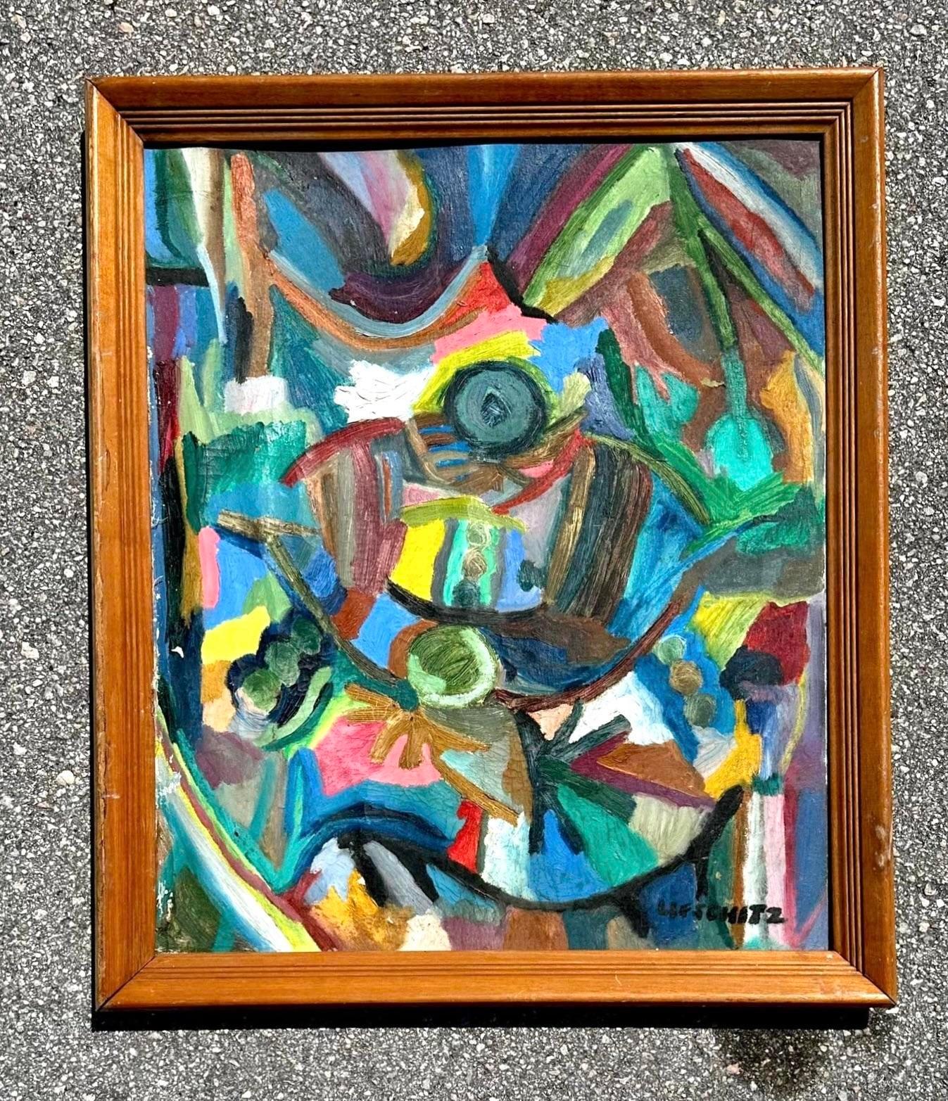 Un favoloso dipinto a olio su tavola originale Boho vintage. Una composizione astratta chic dai colori chiari e brillanti. Firmato dall'artista. Acquistato da una proprietà di Palm Beach. 