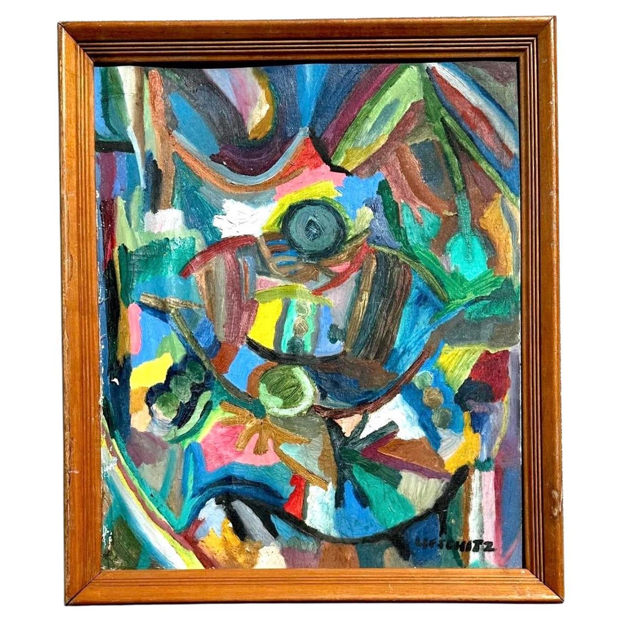 Peinture abstraite vintage originale signée multicolore
