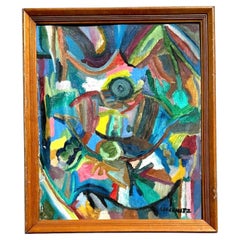 Peinture abstraite vintage originale signée multicolore