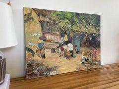 Vintage Original Signed Painting on Canvas of Village Street Scene.