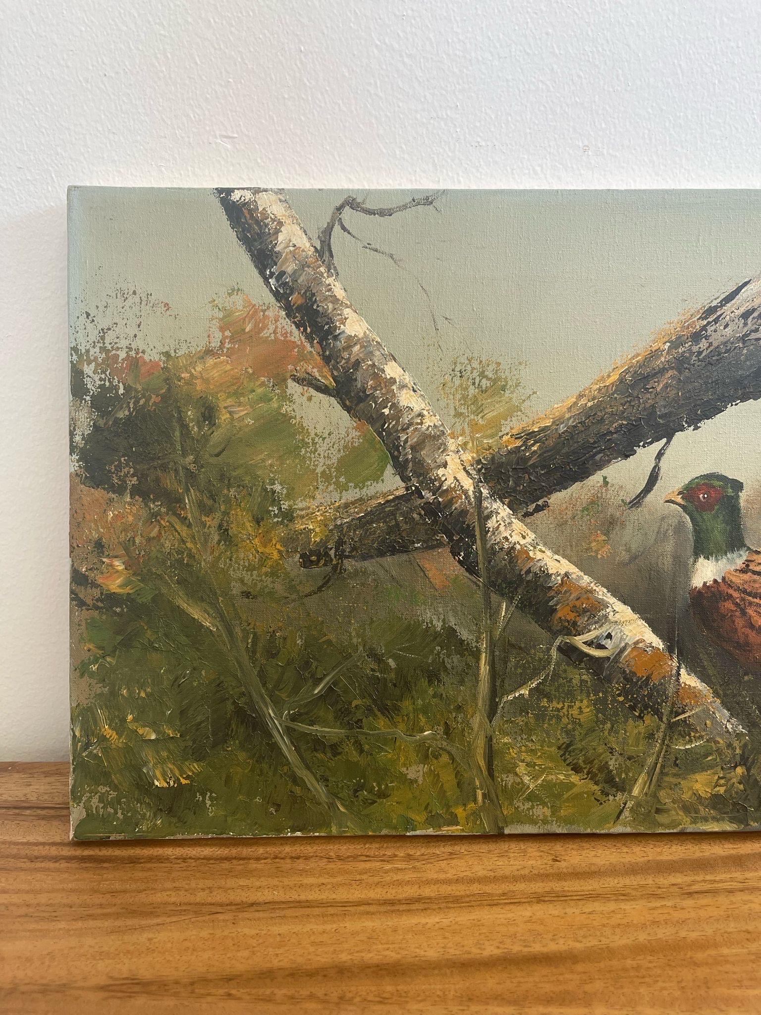 Late 20th Century Vintage Original Signed Pheasant Painting on Canvas. Circa 1971 For Sale