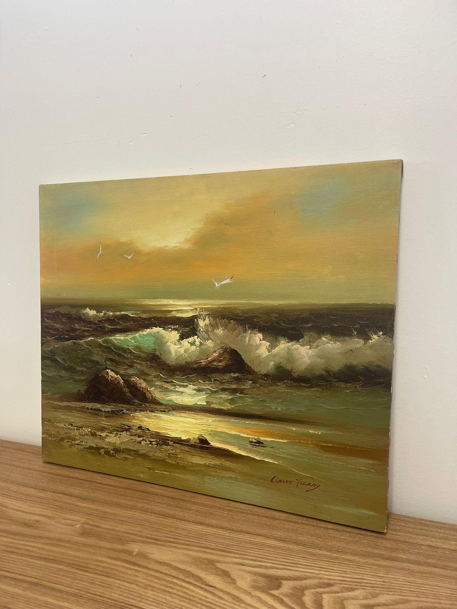 Mid-Century Modern Vintage Original Signed Seascape Painting on Canvas For Sale