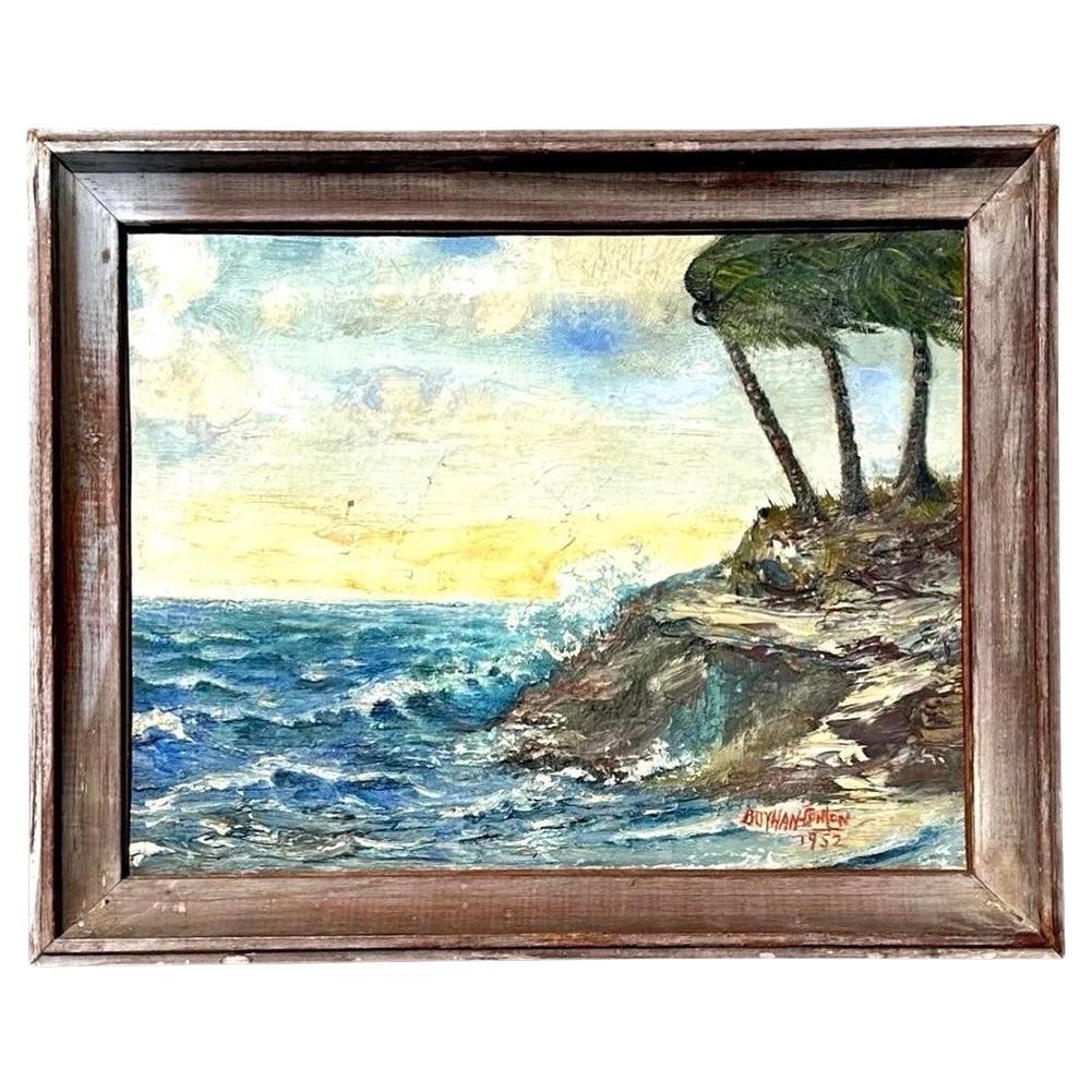Peinture originale sur toile de paysage marin, signée, d'époque
