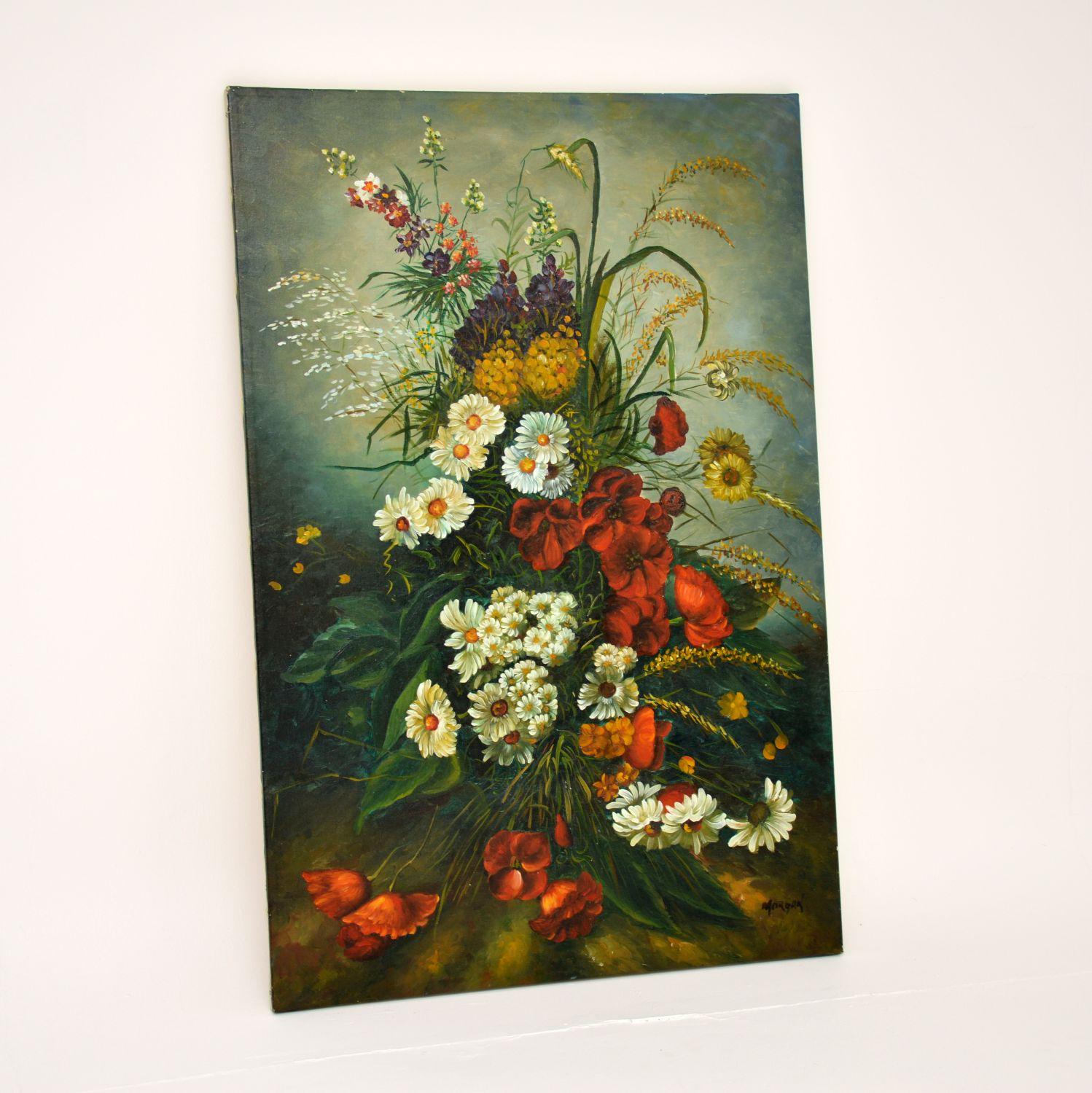 A gorgeous vintage original still life oil painting on canvass, signed by the artist “Morgan’. This dates from around the 1960-1970’s.

It is beautifully executed with great skill, and depicts a still life floral scene. The colours and techniques