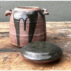 Vintage Original Studio Pottery Drip Glaze Lidded Jar
