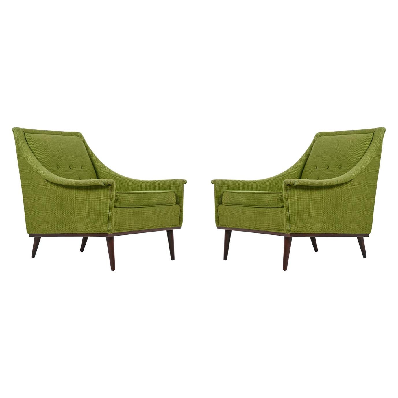 Vintage Original Two-Tone Green Tweed Tufted Lounge Chairs by Selig, circa 1960s