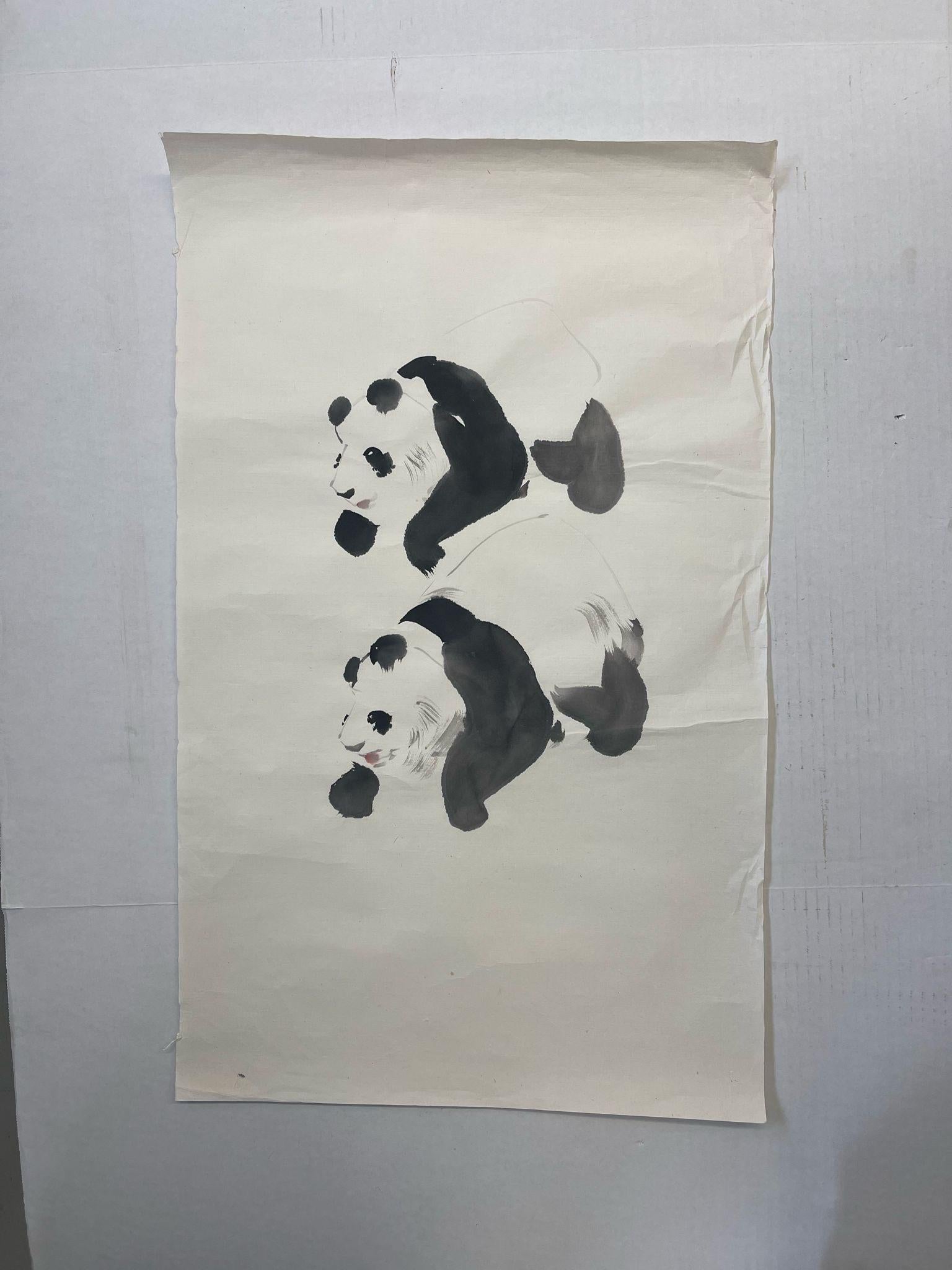 Mid-Century Modern Vintage Original Watercolor Painting of Panda Bear Study. For Sale