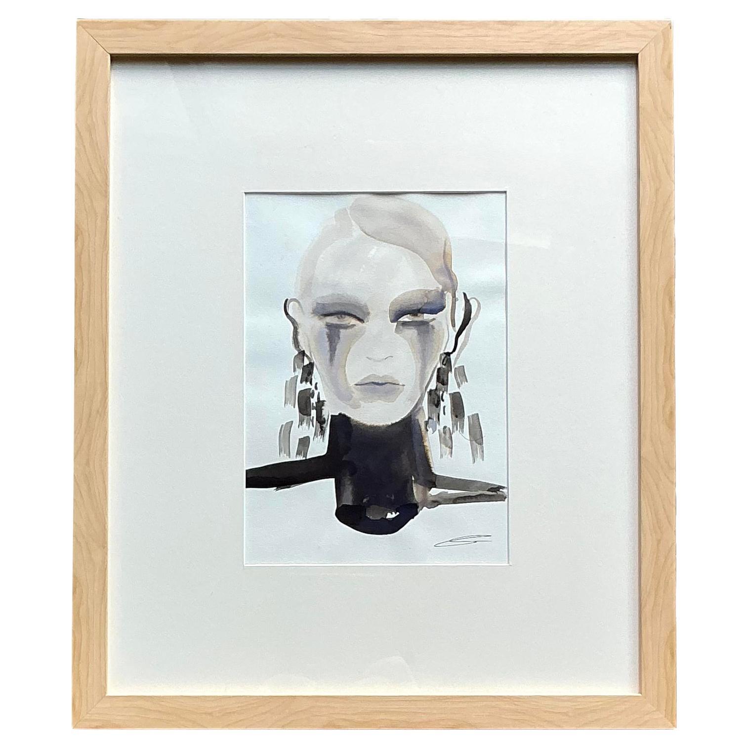 Vintage Original Watercolor Portrait on Paper