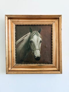 Vintage Original White Horse Oil Painting, Signed Equestrian Portrait
