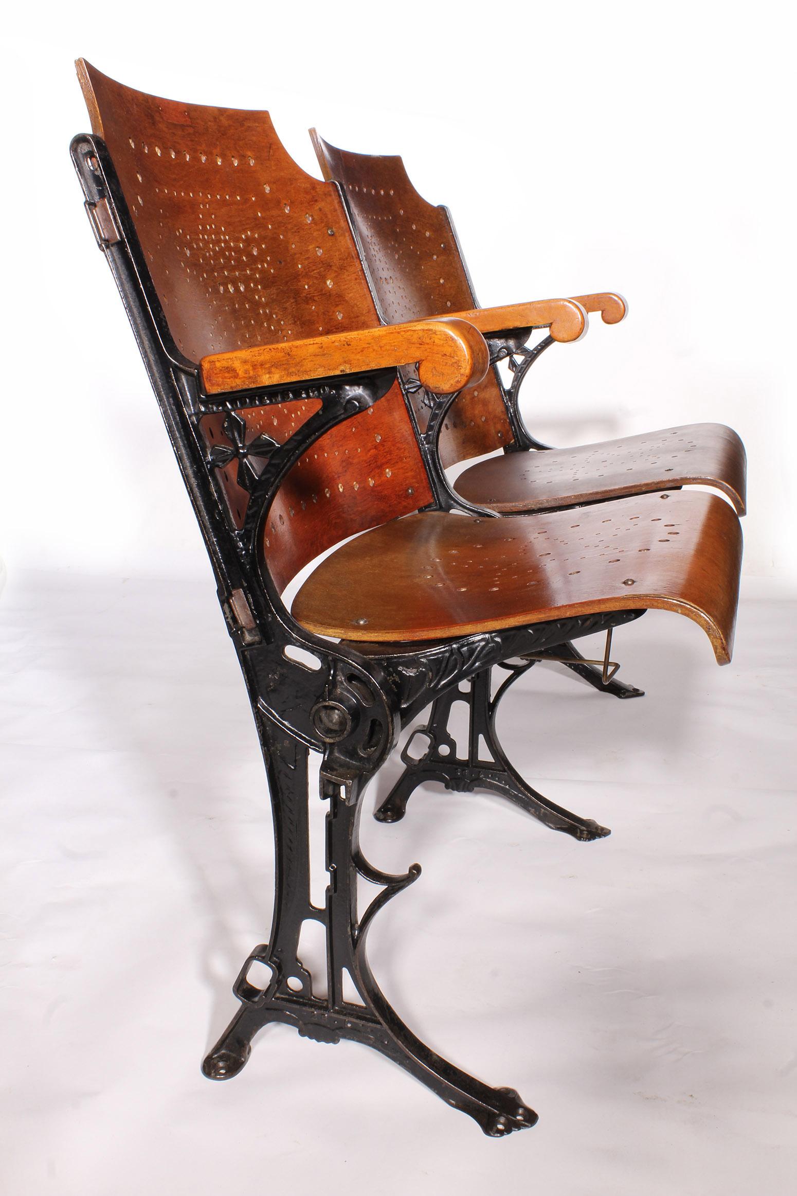 Vintage Original Wood and Steel Folding Theater Seats, Set of 2 In Distressed Condition In Oakville, CT