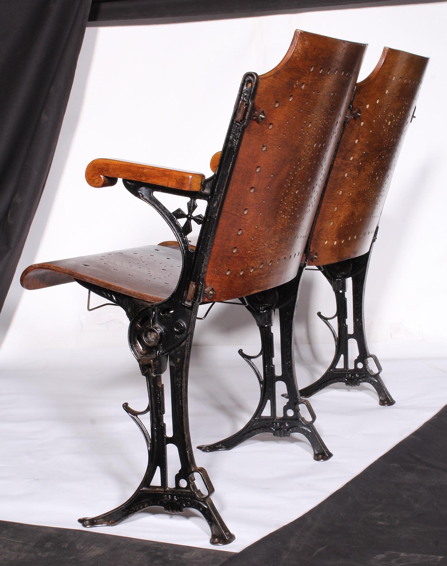 Vintage Original Wood and Steel Folding Theater Seats, Set of 2 1