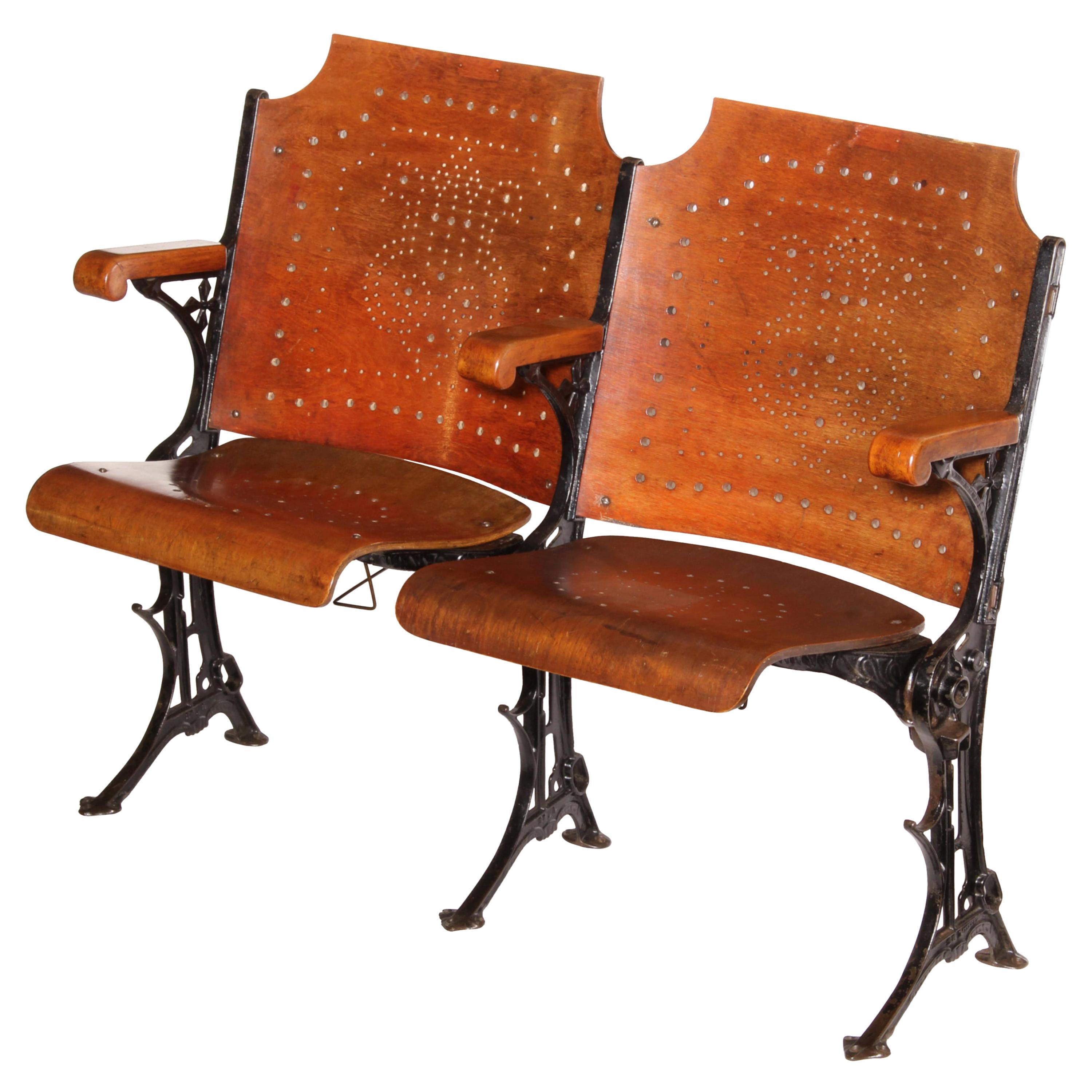 Vintage Original Wood and Steel Folding Theater Seats, Set of 2