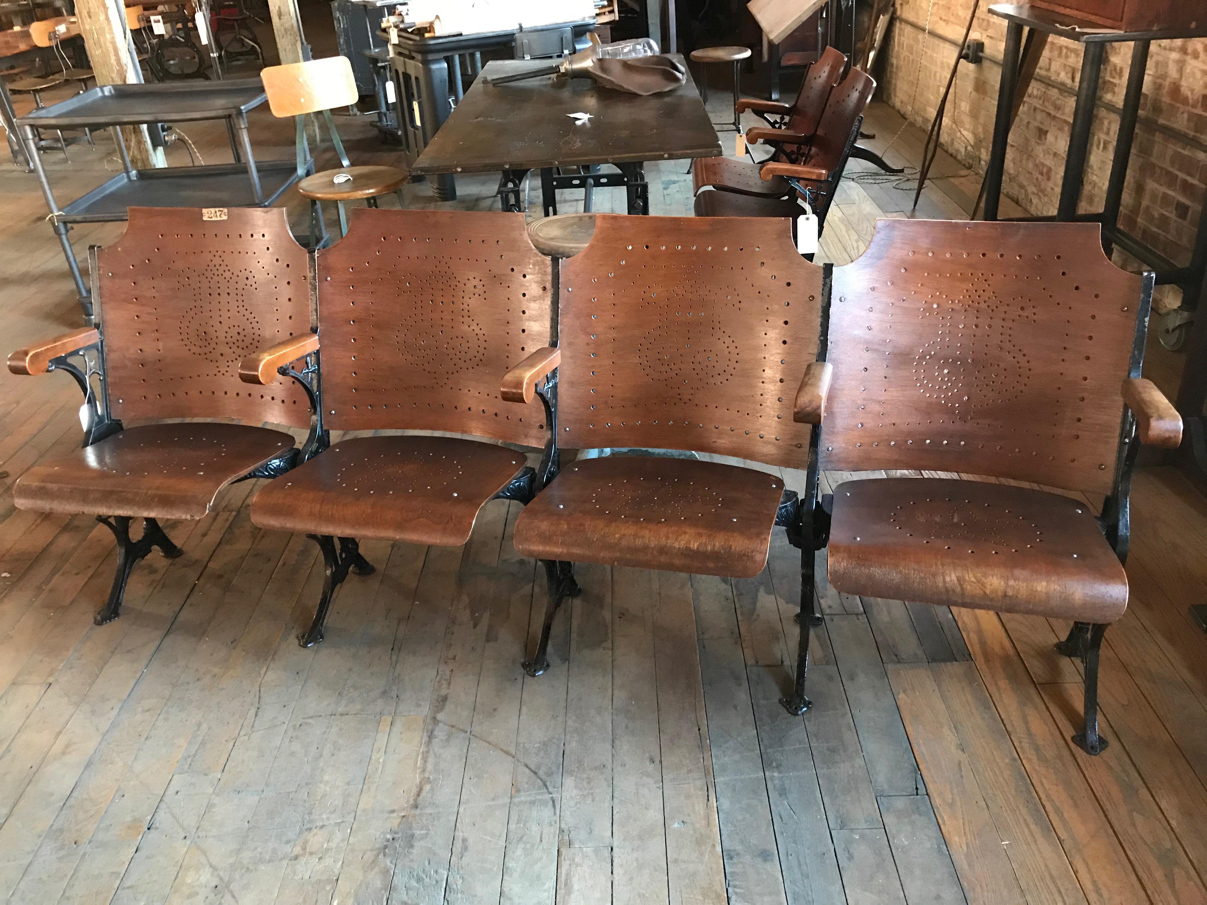 Vintage Original Wood and Steel Folding Theater Seats, Set of 4
