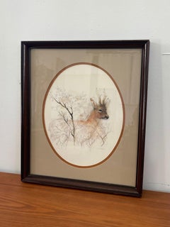Vintage Original Wood Framed and Signed Deer and Tree Artwork