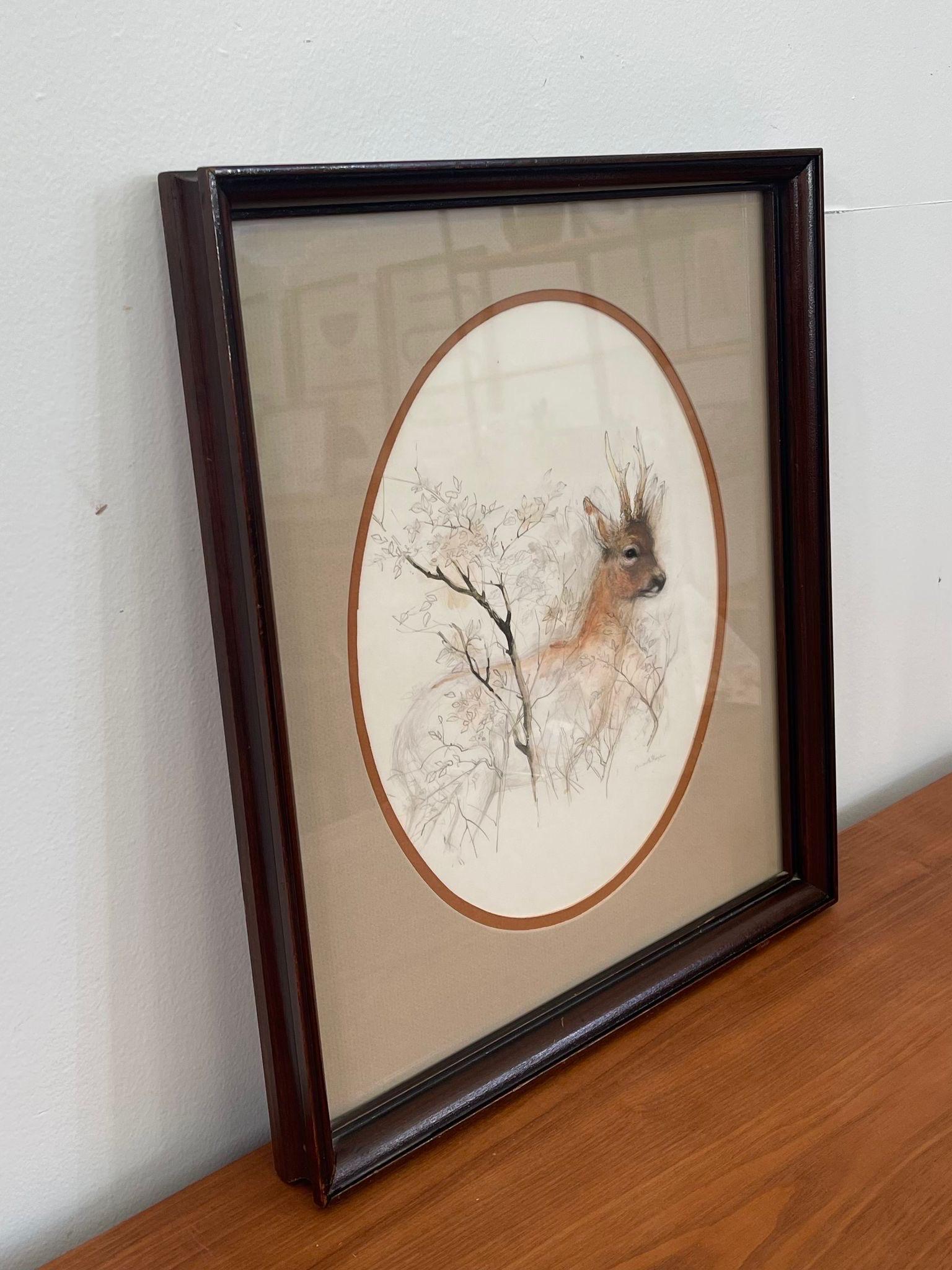 Mid-Century Modern Vintage Original Wood Framed and Signed Deer and Tree Artwork For Sale
