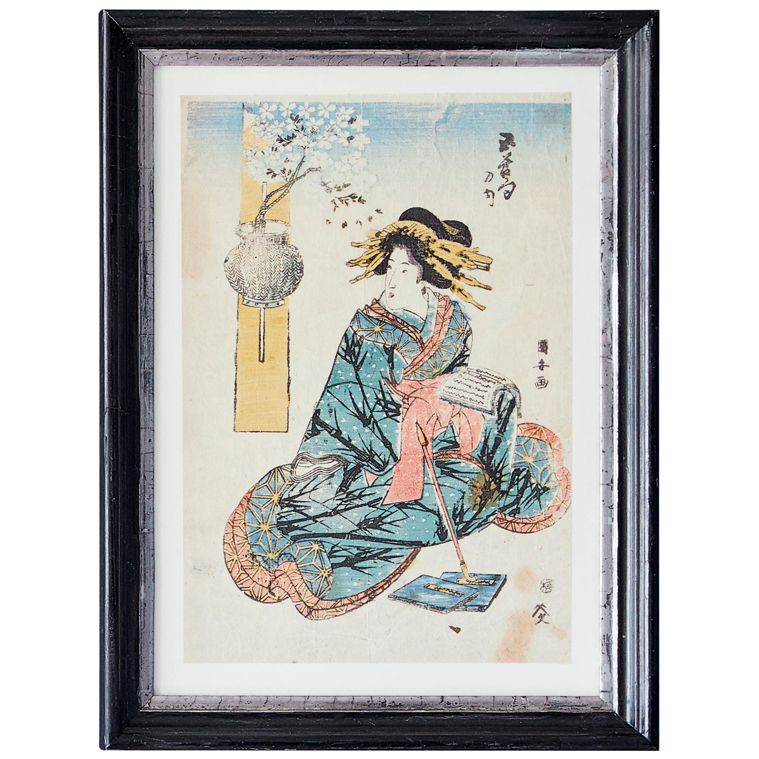 Vintage Original Woodblock Print in Antique Frame, Japan, 19th Century