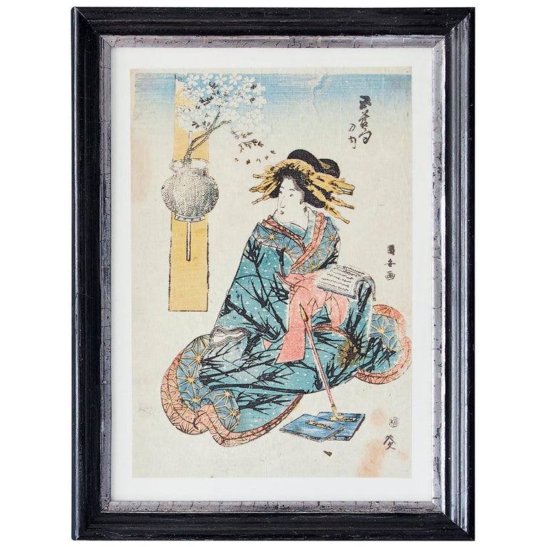 Vintage Original Woodblock Print in Antique Frame, Japan, 19th Century For Sale