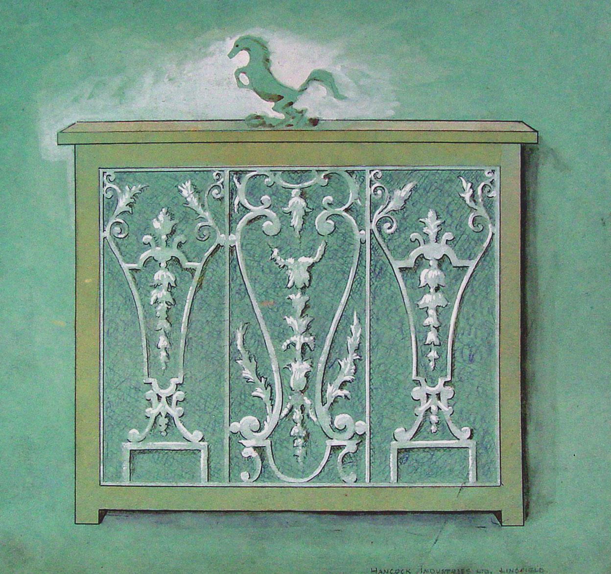 Vintage mid 20th century gouache on turquoise paper of an artist rendering design for wrought iron design on a cabinet. Pencil notation on lower right margin 