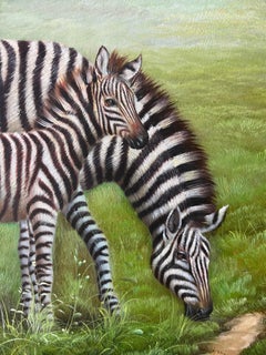 Vintage Original Zebra Oil Painting in Gilt Frame - Mother and Child Scene
