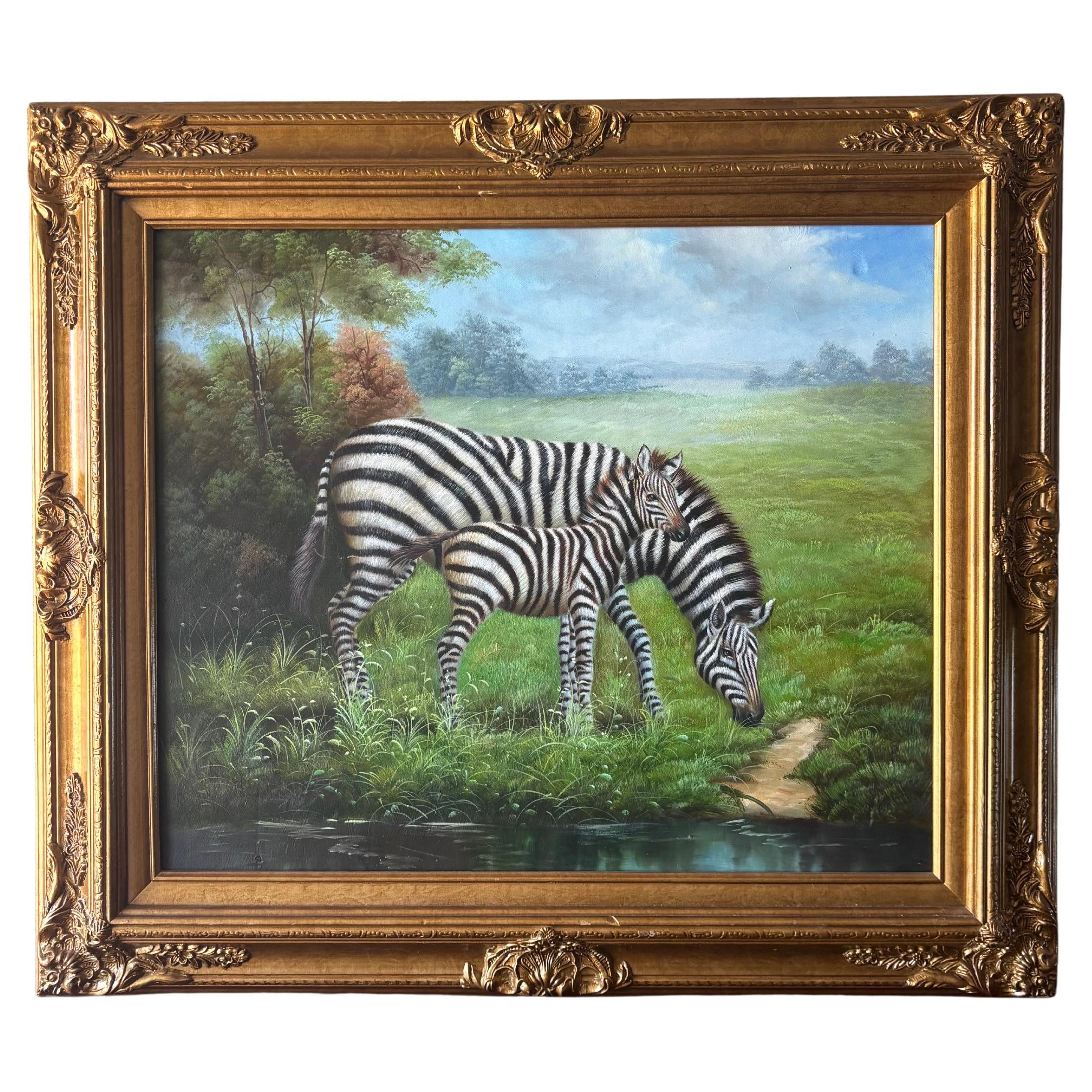 Vintage Original Zebra Oil Painting in Gilt Frame - Mother and Child Scene